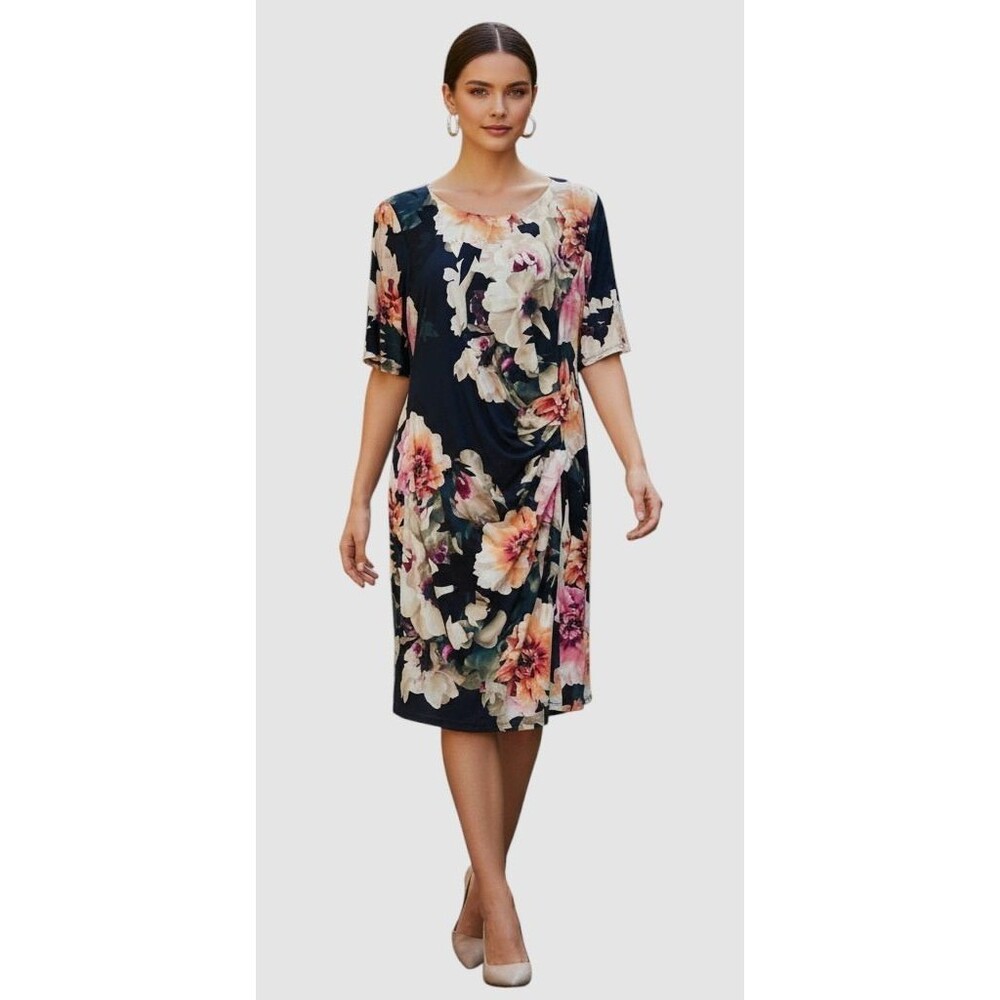 Eliza J Dress Womens 14W Navy Floral Sheath Knee Length Wedding Guest NWT